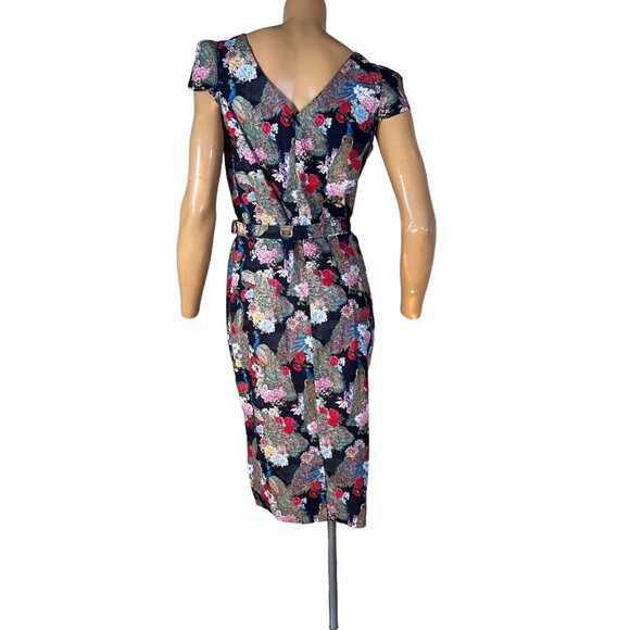 52 Greek Street Dress Women's 12 Black Faux Wrap Floral 100% Cotton Belted Midi - Picture 2 of 10